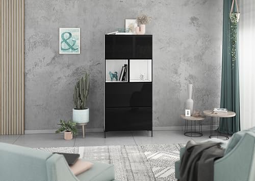 BMG Möbel Modul+ Highboard Set 5 TLG. in Anthrazit oder Weiß, Fronten wählbar in 4, wandhängend oder mit Fußset (Weiß - Schwarz Hochglanz, Mit Füßen) von BMG Möbel