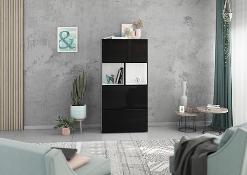 BMG Möbel Modul+ Highboard Set 5 TLG. in Anthrazit oder Weiß, Fronten wählbar in 4, wandhängend oder mit Fußset (Weiß - Schwarz Hochglanz, Ohne Füße) von BMG Möbel