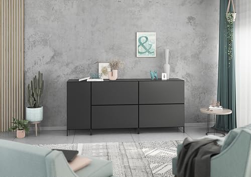 BMG Möbel Modul+ Lowboard/Sideboard Set 5 teilig individuell montierbar, in Anthrazit oder Weiß, Fronten wählbar in 4 Farben, mit oder ohne Fußset (Anthrazit - Anthrazit Matt, Mit Füßen) von BMG Möbel
