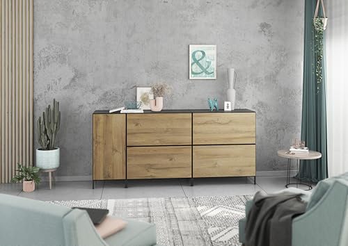 BMG Möbel Modul+ Lowboard/Sideboard Set 5 teilig individuell montierbar, in Anthrazit oder Weiß, Fronten wählbar in 4 Farben, mit oder ohne Fußset (Anthrazit - Evoke Eiche, Mit Füßen) von BMG Möbel