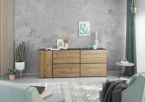 BMG Möbel Modul+ Lowboard/Sideboard Set 5 teilig individuell montierbar, in Anthrazit oder Weiß, Fronten wählbar in 4 Farben, mit oder ohne Fußset (Anthrazit - Evoke Eiche, Ohne Füße) von BMG Möbel
