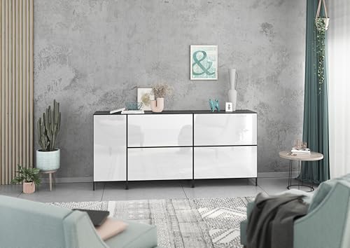 BMG Möbel Modul+ Lowboard/Sideboard Set 5 teilig individuell montierbar, in Anthrazit oder Weiß, Fronten wählbar in 4 Farben, mit oder ohne Fußset (Anthrazit - Weiß Hochglanz, Mit Füßen) von BMG Möbel