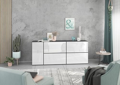 BMG Möbel Modul+ Lowboard/Sideboard Set 5 teilig individuell montierbar, in Anthrazit oder Weiß, Fronten wählbar in 4 Farben, mit oder ohne Fußset (Anthrazit - Weiß Hochglanz, Ohne Füße) von BMG Möbel