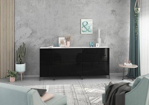 BMG Möbel Modul+ Lowboard/Sideboard Set 5 teilig individuell montierbar, in Anthrazit oder Weiß, Fronten wählbar in 4 Farben, mit oder ohne Fußset (Weiß - Schwarz Hochglanz, Mit Füßen) von BMG Möbel