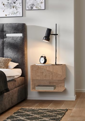 BMG Möbel Nachtschrank hängend wandmontage mit Schublade Nachtkonsole modern in Weiss, anthrazit oder Holzdekor (2, Gold Harbour Oak, Schublade + Ablagefach) von BMG Möbel
