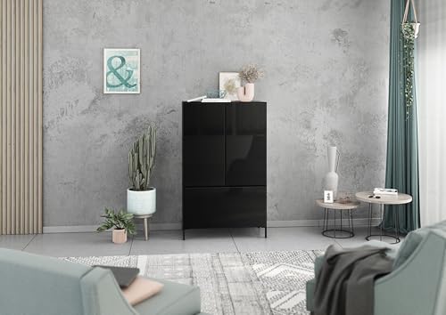 BMG Möbel Schrank Set 3 teilig Modul+ individuell frei montierbar mit Softclose wandhängend oder stehend optimal für Schlafzimmer Esszimmer oder Wohnzimmer (Anthrazit - Schwarz Hochglanz, Mit Füßen) von BMG Möbel