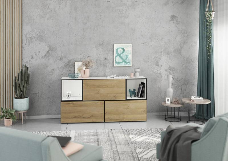 BMG Möbel Schrank-Set Modul+, (Lowboard 5 tlg. 152 cm breit, bestehend aus 3x Schrank mit Klappe, 2x offenes Würfelregal), MDF tiefgezogenen Fronten mit Softclose, Made in Germany von BMG Möbel