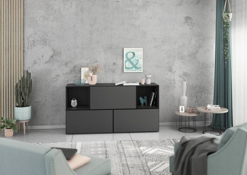 BMG Möbel Schrank-Set Modul+, (Lowboard 5 tlg. 152 cm breit, bestehend aus 3x Schrank mit Klappe, 2x offenes Würfelregal), MDF tiefgezogenen Fronten mit Softclose, Made in Germany von BMG Möbel