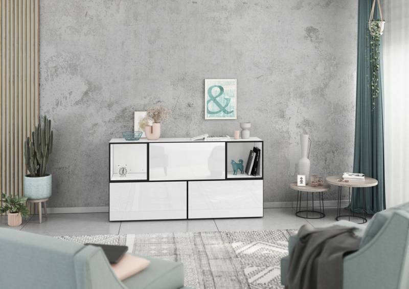 BMG Möbel Schrank-Set Modul+, (Lowboard 5 tlg. 152 cm breit, bestehend aus 3x Schrank mit Klappe, 2x offenes Würfelregal), MDF tiefgezogenen Fronten mit Softclose, Made in Germany von BMG Möbel