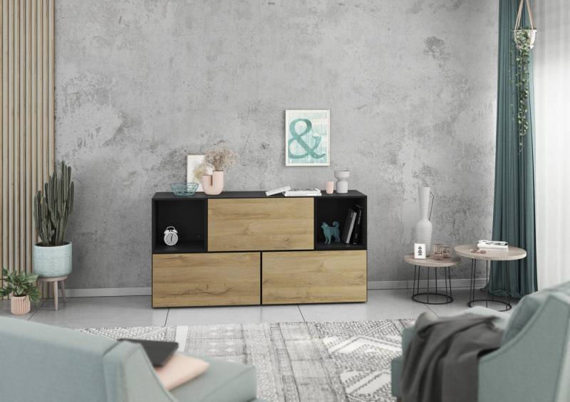 BMG Möbel Schrank-Set Modul+, (Lowboard 5 tlg. 152 cm breit, bestehend aus 3x Schrank mit Klappe, 2x offenes Würfelregal), MDF tiefgezogenen Fronten mit Softclose, Made in Germany von BMG Möbel