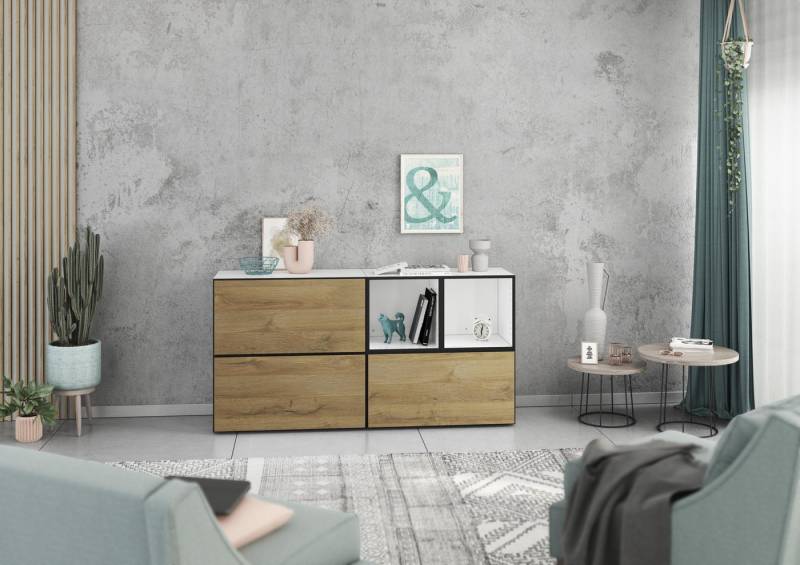 BMG Möbel Schrank-Set Modul+, (Sideboard 5 tlg. 152 cm breit, bestehend aus 3x Schrank mit Klappe, 2x offenes Würfelregal), MDF tiefgezogenen Fronten mit Softclose, Made in Germany von BMG Möbel