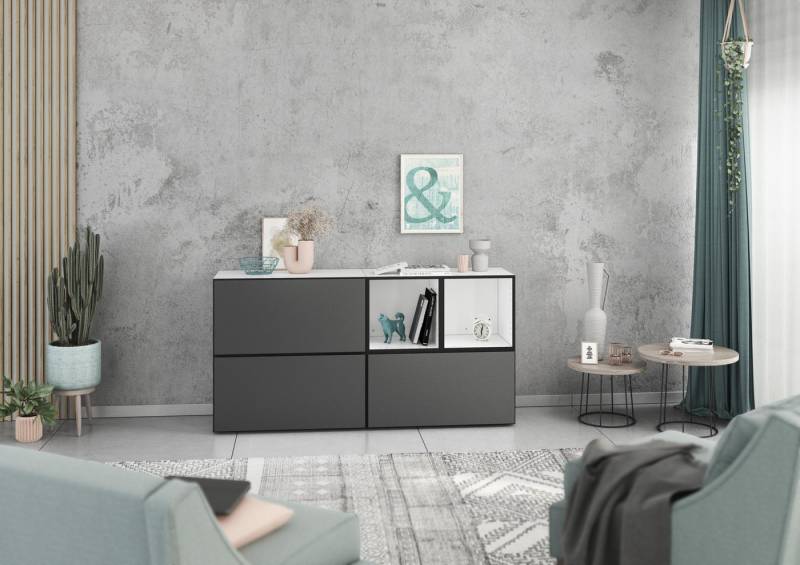 BMG Möbel Schrank-Set Modul+, (Sideboard 5 tlg. 152 cm breit, bestehend aus 3x Schrank mit Klappe, 2x offenes Würfelregal), MDF tiefgezogenen Fronten mit Softclose, Made in Germany von BMG Möbel