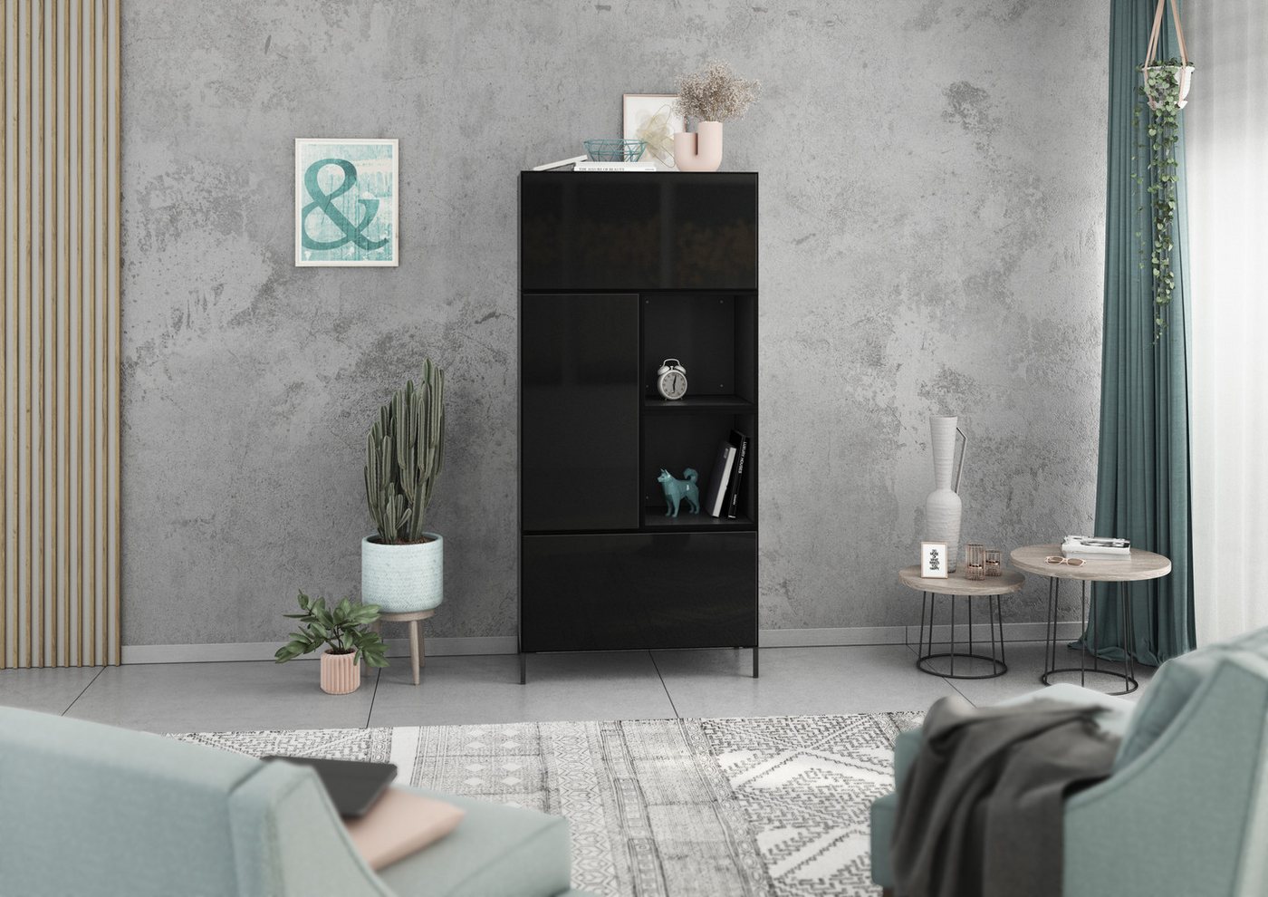 BMG Möbel Schrank-Set Modul+, (5 teiliges Highboard Set bestehend aus, 2x Schrank mit Klappenfunktion, 1 x Schrank mit Tür, 2x offenes Regal), Schränke und Regale können einzeln oder als Set montiert werden von BMG Möbel