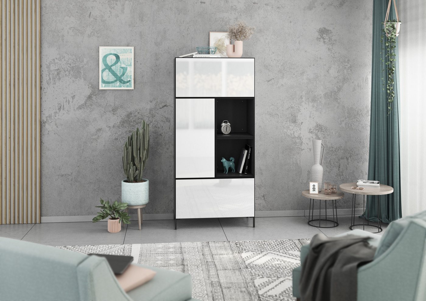 BMG Möbel Schrank-Set Modul+, (5 teiliges Highboard Set bestehend aus, 2x Schrank mit Klappenfunktion, 1 x Schrank mit Tür, 2x offenes Regal), Schränke und Regale können einzeln oder als Set montiert werden von BMG Möbel