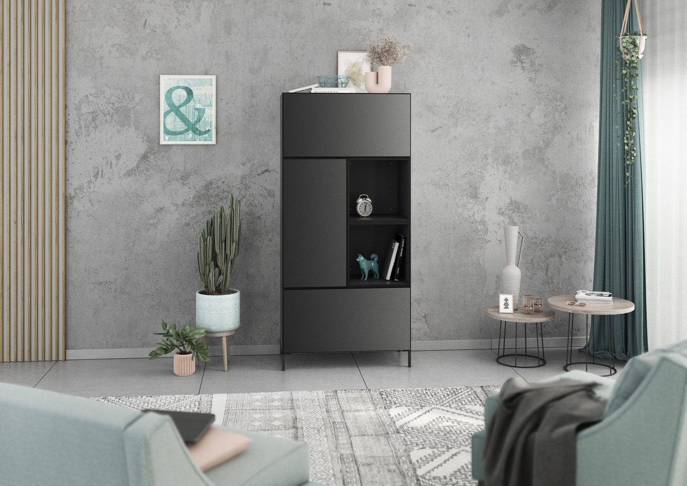 BMG Möbel Schrank-Set Modul+, (5 teiliges Highboard Set bestehend aus, 2x Schrank mit Klappenfunktion, 1 x Schrank mit Tür, 2x offenes Regal), Schränke und Regale können einzeln oder als Set montiert werden von BMG Möbel