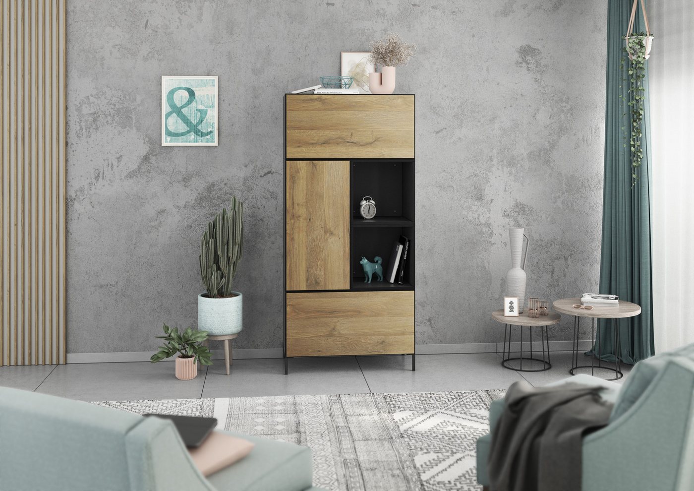 BMG Möbel Schrank-Set Modul+, (5 teiliges Highboard Set bestehend aus, 2x Schrank mit Klappenfunktion, 1 x Schrank mit Tür, 2x offenes Regal), Schränke und Regale können einzeln oder als Set montiert werden von BMG Möbel