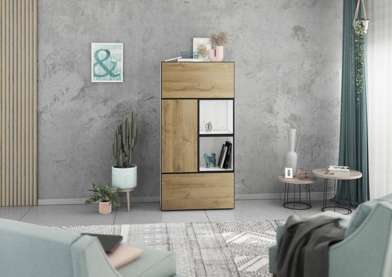 BMG Möbel Schrank-Set Modul+, (5 teiliges Highboard Set bestehend aus, 2x Schrank mit Klappenfunktion, 1 x Schrank mit Tür, 2x offenes Regal), Schränke und Regale können einzeln oder als Set montiert werden von BMG Möbel