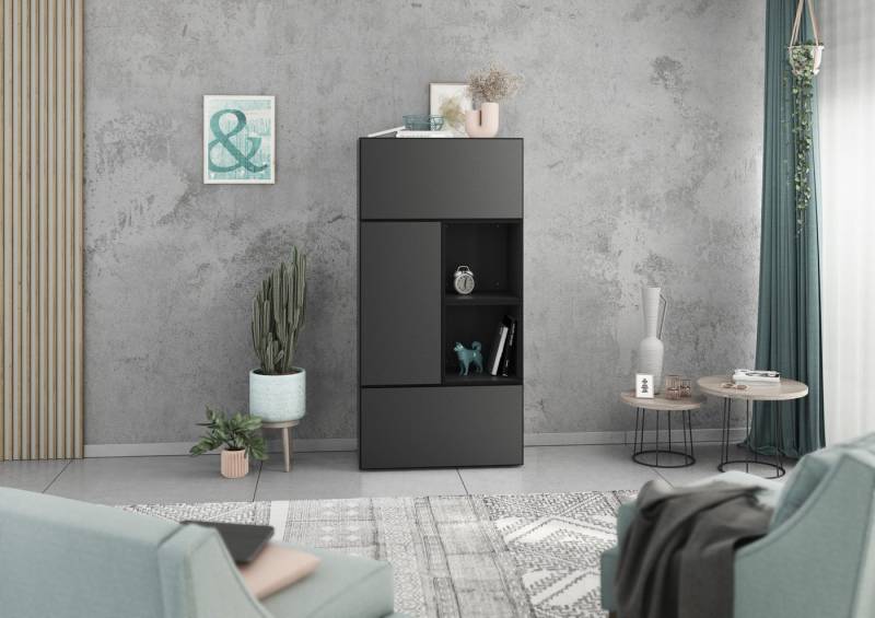 BMG Möbel Schrank-Set Modul+, (5 teiliges Highboard Set bestehend aus, 2x Schrank mit Klappenfunktion, 1 x Schrank mit Tür, 2x offenes Regal), Schränke und Regale können einzeln oder als Set montiert werden von BMG Möbel