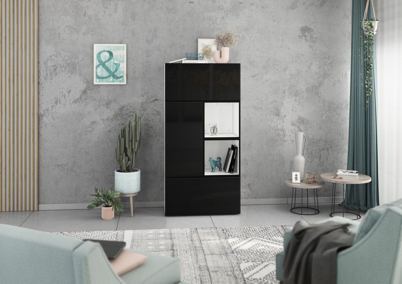 BMG Möbel Schrank-Set Modul+, (5 teiliges Highboard Set bestehend aus, 2x Schrank mit Klappenfunktion, 1 x Schrank mit Tür, 2x offenes Regal), Schränke und Regale können einzeln oder als Set montiert werden von BMG Möbel