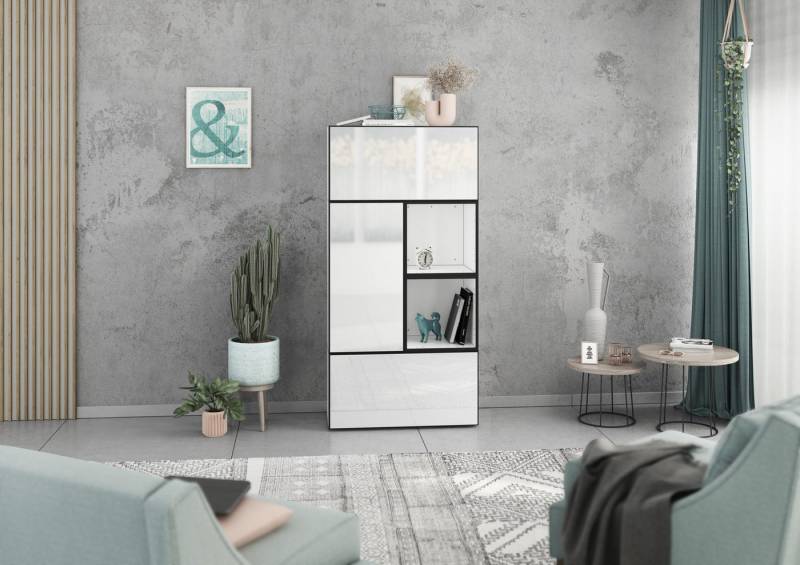 BMG Möbel Schrank-Set Modul+, (5 teiliges Highboard Set bestehend aus, 2x Schrank mit Klappenfunktion, 1 x Schrank mit Tür, 2x offenes Regal), Schränke und Regale können einzeln oder als Set montiert werden von BMG Möbel