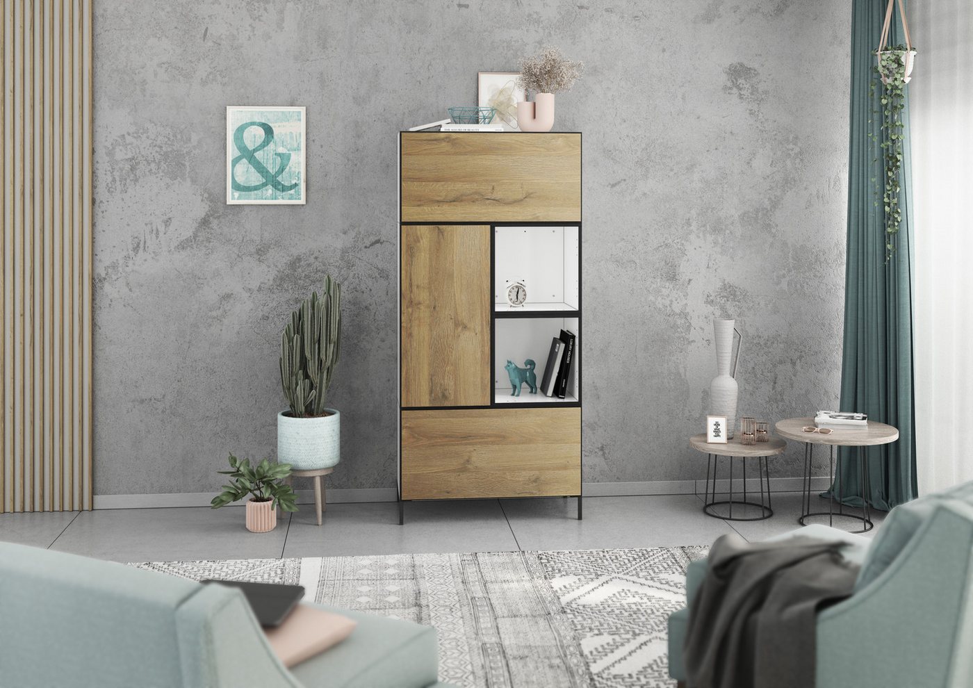 BMG Möbel Schrank-Set Modul+, (5 teiliges Highboard Set bestehend aus, 2x Schrank mit Klappenfunktion, 1 x Schrank mit Tür, 2x offenes Regal), Schränke und Regale können einzeln oder als Set montiert werden von BMG Möbel