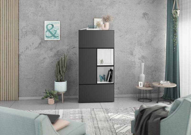 BMG Möbel Schrank-Set Modul+, (5 teiliges Highboard Set bestehend aus, 2x Schrank mit Klappenfunktion, 1 x Schrank mit Tür, 2x offenes Regal), Schränke und Regale können einzeln oder als Set montiert werden von BMG Möbel