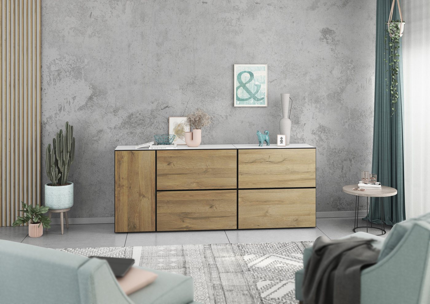 BMG Möbel Schranksystem Model+ (5 teilig bestehend aus, 1x Schrank mit Tür, 4x Schrank mit Klappenfunktion, Softclose) Schränke können individuell angeordnet werden von BMG Möbel