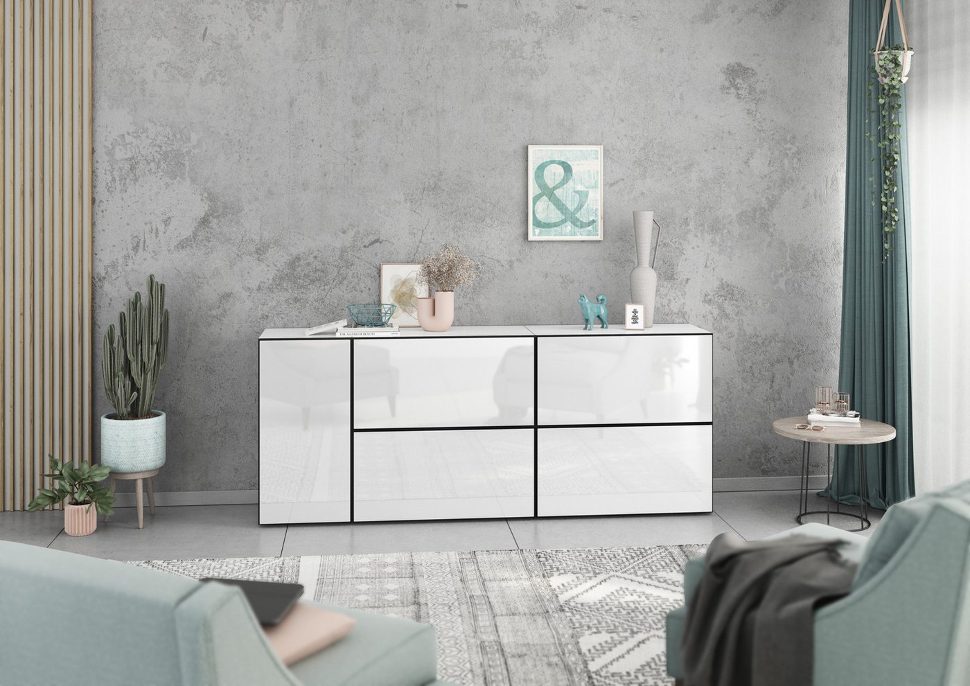 BMG Möbel Schranksystem Model+ (5 teilig bestehend aus, 1x Schrank mit Tür, 4x Schrank mit Klappenfunktion, Softclose) Schränke können individuell angeordnet werden von BMG Möbel