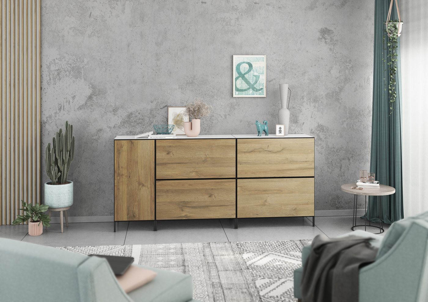 BMG Möbel Schranksystem Model+ (5 teilig bestehend aus, 1x Schrank mit Tür, 4x Schrank mit Klappenfunktion, Softclose) Schränke können individuell angeordnet werden von BMG Möbel