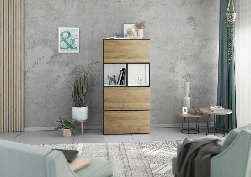 BMG Möbel Schranksystem Modul+ (Highboard Set 5 tlg., besteht aus: 3x Schrank mit Klappenfunktion, 2x Regal) Schränke frei kombinierbar, wandhängend oder stehend von BMG Möbel