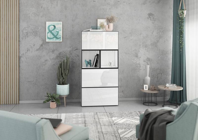 BMG Möbel Schranksystem Modul+ (Highboard Set 5 tlg., besteht aus: 3x Schrank mit Klappenfunktion, 2x Regal) Schränke frei kombinierbar, wandhängend oder stehend von BMG Möbel