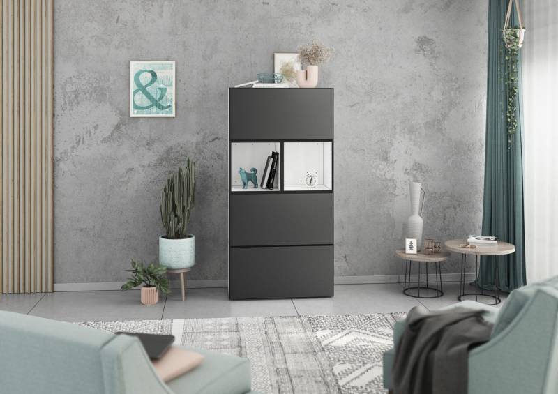 BMG Möbel Schranksystem Modul+ (Highboard Set 5 tlg., besteht aus: 3x Schrank mit Klappenfunktion, 2x Regal) Schränke frei kombinierbar, wandhängend oder stehend von BMG Möbel