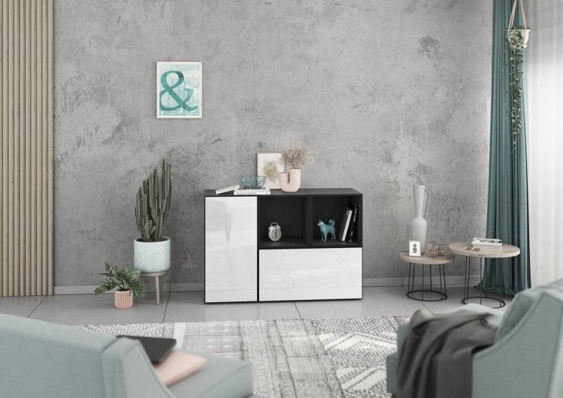 BMG Möbel Schranksystem Modul+ (Kommoden Sideboard Set, 2x offenes Regal, 1x Schrank mit Tür & 1x Schrank mit Klappenfunktion) individuell kombinierbar, hängend oder stehend, mit Softclose von BMG Möbel