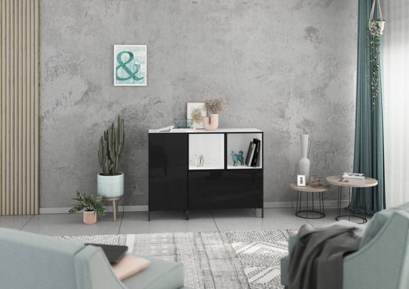 BMG Möbel Schranksystem Modul+ (Kommoden Sideboard Set, 2x offenes Regal, 1x Schrank mit Tür & 1x Schrank mit Klappenfunktion) individuell kombinierbar, hängend oder stehend, mit Softclose von BMG Möbel