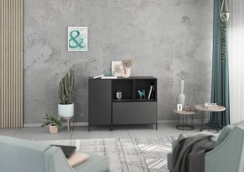 BMG Möbel Schranksystem Modul+ (Kommoden Sideboard Set, 2x offenes Regal, 1x Schrank mit Tür & 1x Schrank mit Klappenfunktion) individuell kombinierbar, hängend oder stehend, mit Softclose von BMG Möbel