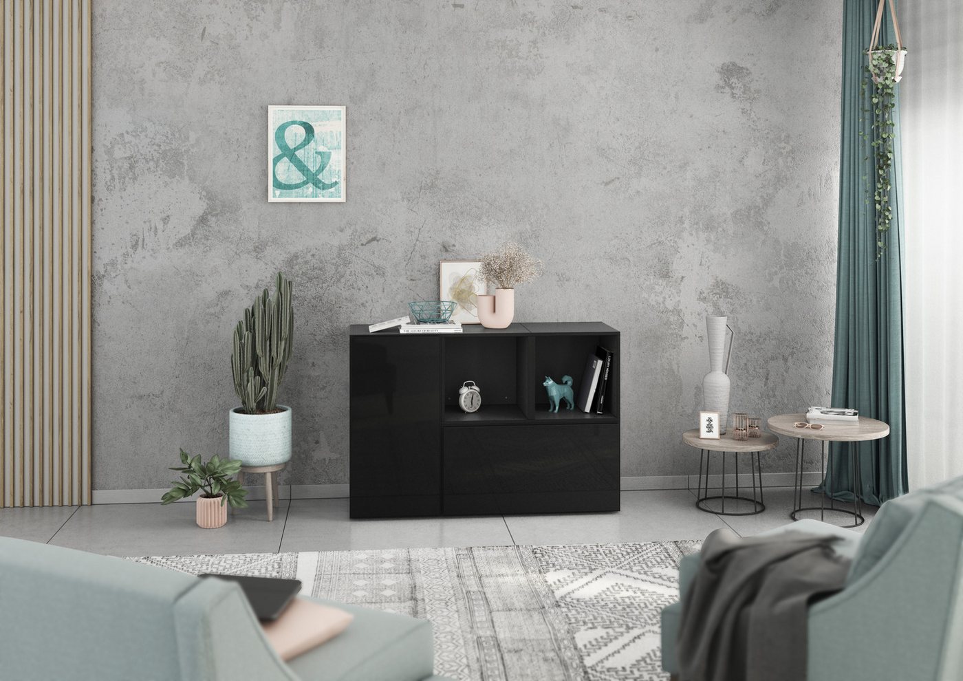 BMG Möbel Schranksystem Modul+ (Kommoden Sideboard Set, 2x offenes Regal, 1x Schrank mit Tür & 1x Schrank mit Klappenfunktion) individuell kombinierbar, hängend oder stehend, mit Softclose von BMG Möbel