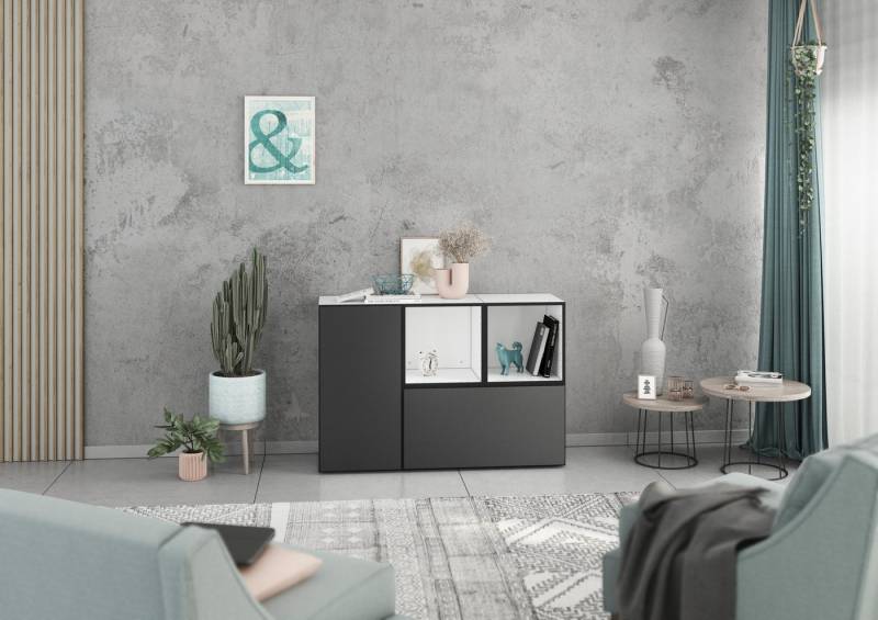 BMG Möbel Schranksystem Modul+ (Kommoden Sideboard Set, 2x offenes Regal, 1x Schrank mit Tür & 1x Schrank mit Klappenfunktion) individuell kombinierbar, hängend oder stehend, mit Softclose von BMG Möbel
