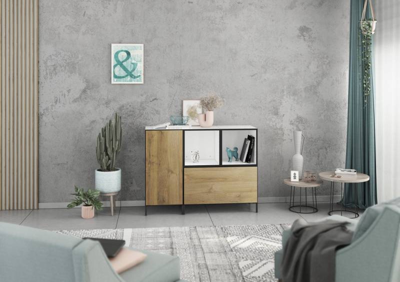 BMG Möbel Schranksystem Modul+ (Kommoden Sideboard Set, 2x offenes Regal, 1x Schrank mit Tür & 1x Schrank mit Klappenfunktion) individuell kombinierbar, hängend oder stehend, mit Softclose von BMG Möbel