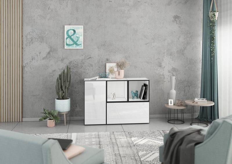 BMG Möbel Schranksystem Modul+ (Kommoden Sideboard Set, 2x offenes Regal, 1x Schrank mit Tür & 1x Schrank mit Klappenfunktion) individuell kombinierbar, hängend oder stehend, mit Softclose von BMG Möbel