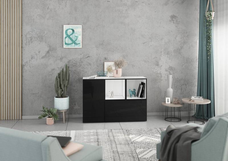 BMG Möbel Schranksystem Modul+ (Kommoden Sideboard Set, 2x offenes Regal, 1x Schrank mit Tür & 1x Schrank mit Klappenfunktion) individuell kombinierbar, hängend oder stehend, mit Softclose von BMG Möbel
