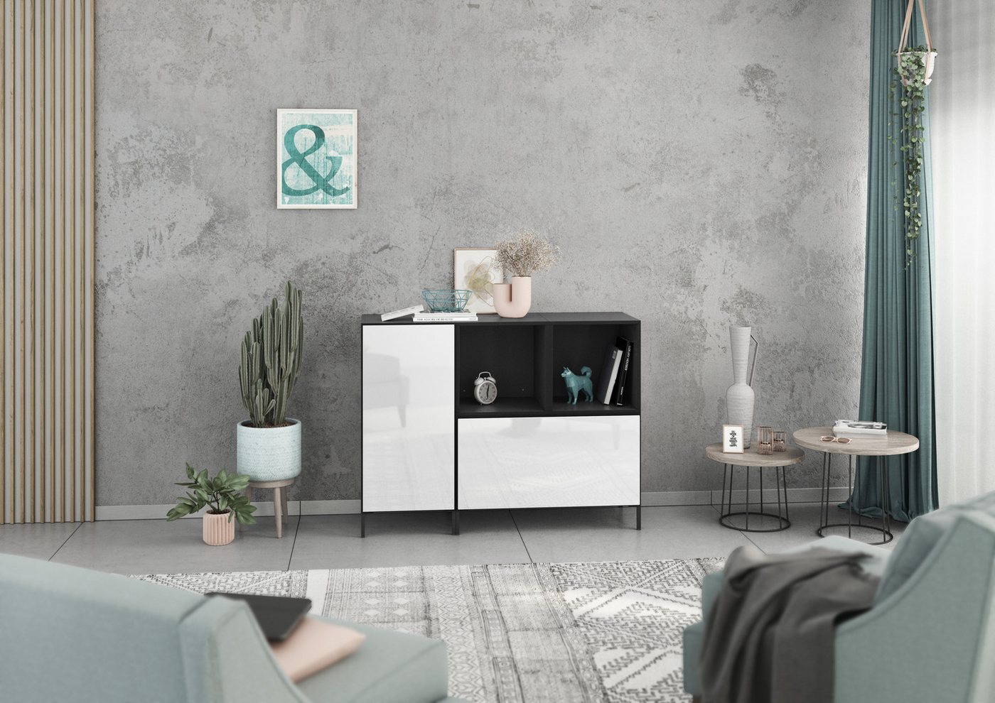 BMG Möbel Schranksystem Modul+ (Kommoden Sideboard Set, 2x offenes Regal, 1x Schrank mit Tür & 1x Schrank mit Klappenfunktion) individuell kombinierbar, hängend oder stehend, mit Softclose von BMG Möbel