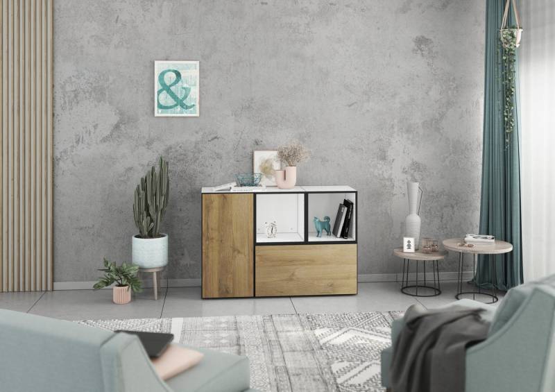 BMG Möbel Schranksystem Modul+ (Kommoden Sideboard Set, 2x offenes Regal, 1x Schrank mit Tür & 1x Schrank mit Klappenfunktion) individuell kombinierbar, hängend oder stehend, mit Softclose von BMG Möbel