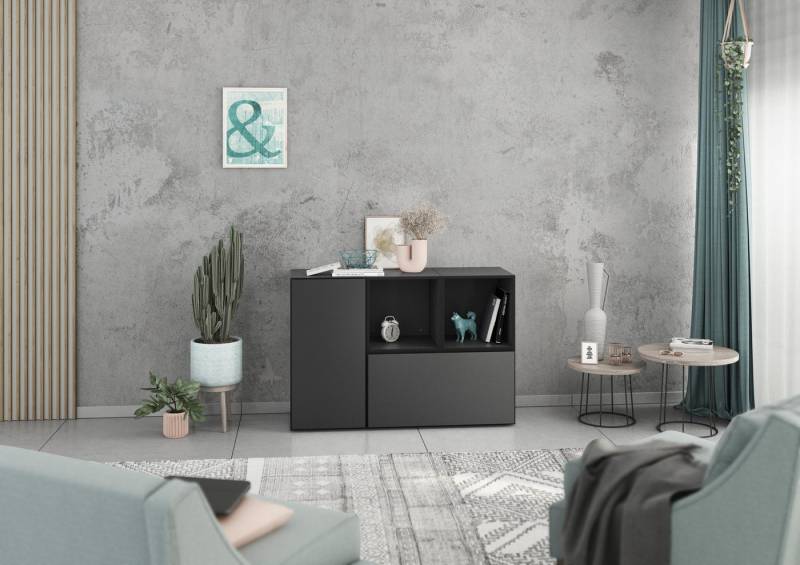 BMG Möbel Schranksystem Modul+ (Kommoden Sideboard Set, 2x offenes Regal, 1x Schrank mit Tür & 1x Schrank mit Klappenfunktion) individuell kombinierbar, hängend oder stehend, mit Softclose von BMG Möbel