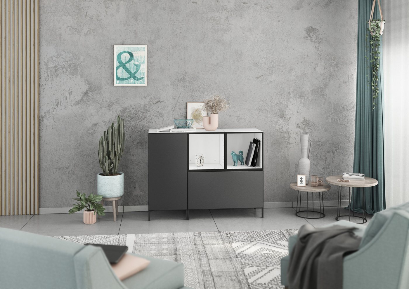 BMG Möbel Schranksystem Modul+ (Kommoden Sideboard Set, 2x offenes Regal, 1x Schrank mit Tür & 1x Schrank mit Klappenfunktion) individuell kombinierbar, hängend oder stehend, mit Softclose von BMG Möbel