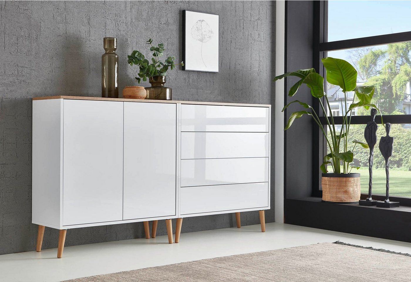 BMG Möbel Sideboard Mailand Set 3 (Kommode Anrichte Aktenschrank, mit Massivholzfuß), Push-to-Open-Funktion von BMG Möbel