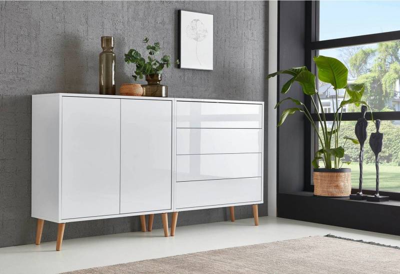 BMG Möbel Sideboard Mailand Set 3 (Kommode Anrichte Aktenschrank, mit Massivholzfuß), Push-to-Open-Funktion von BMG Möbel