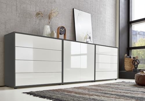 BMG Möbel Sideboard Mailand Set 4 (Schubladenkommode Kommode Anrichte, in anthrazit/weiß), Push-to-Open-Funktion von BMG Möbel