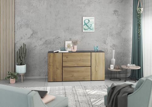 BMG Möbel Sideboard Set Modul+ 4 teilig in Anthrazit oder Weiß Fronten wählbar in 4 modernen Farben, mit oder ohne Fußset, individuell montierbar (Anthrazit - Evoke Eiche, Ohne Füße) von BMG Möbel