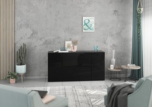 BMG Möbel Sideboard Set Modul+ 4 teilig in Anthrazit oder Weiß Fronten wählbar in 4 modernen Farben, mit oder ohne Fußset, individuell montierbar (Anthrazit - Schwarz Hochglanz, Ohne Füße) von BMG Möbel