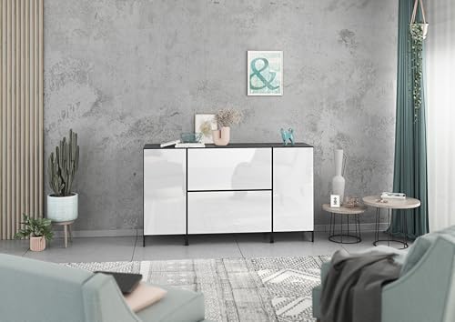 BMG Möbel Sideboard Set Modul+ 4 teilig in Anthrazit oder Weiß Fronten wählbar in 4 modernen Farben, mit oder ohne Fußset, individuell montierbar (Anthrazit - Weiß Hochglanz, Mit Füßen) von BMG Möbel